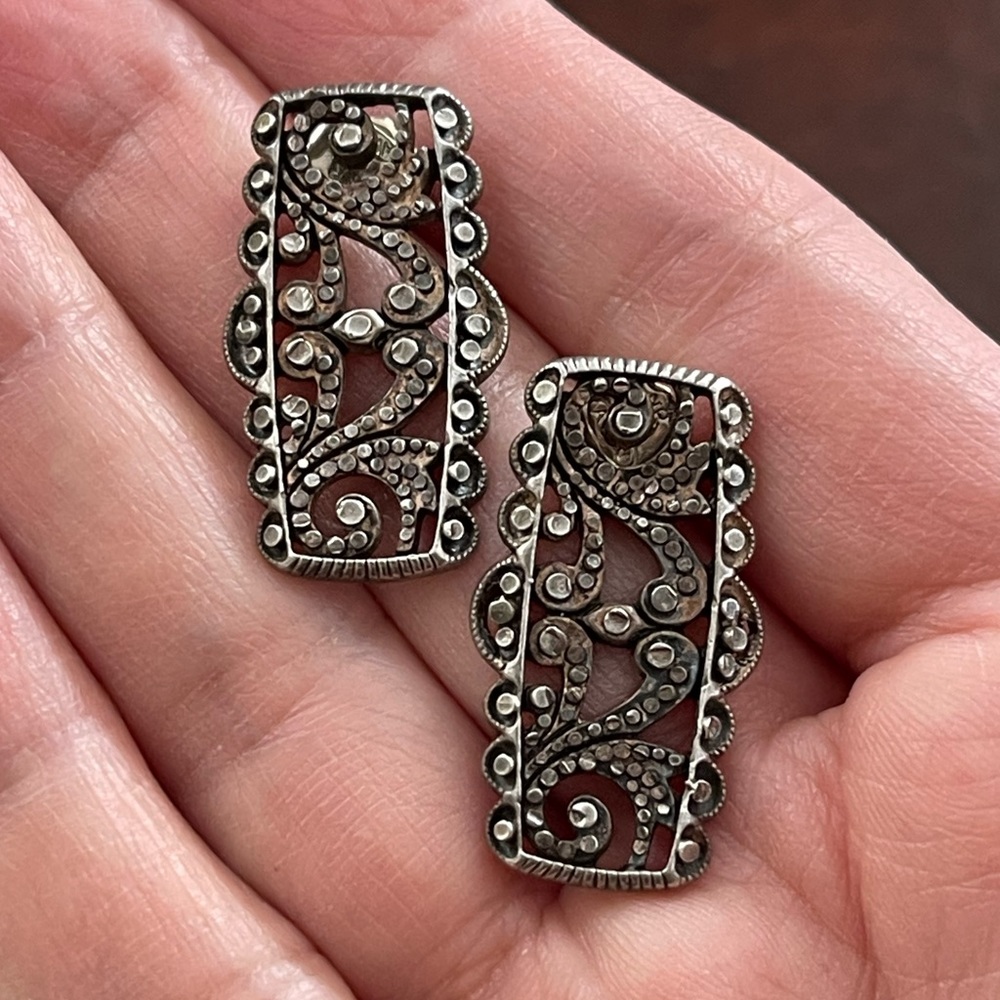 Antique Solid Sterling Silver Marcasite Large Ear… - image 1